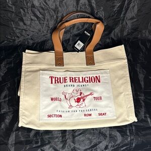 True Religion Canvas Tote Bag with Brown Handles